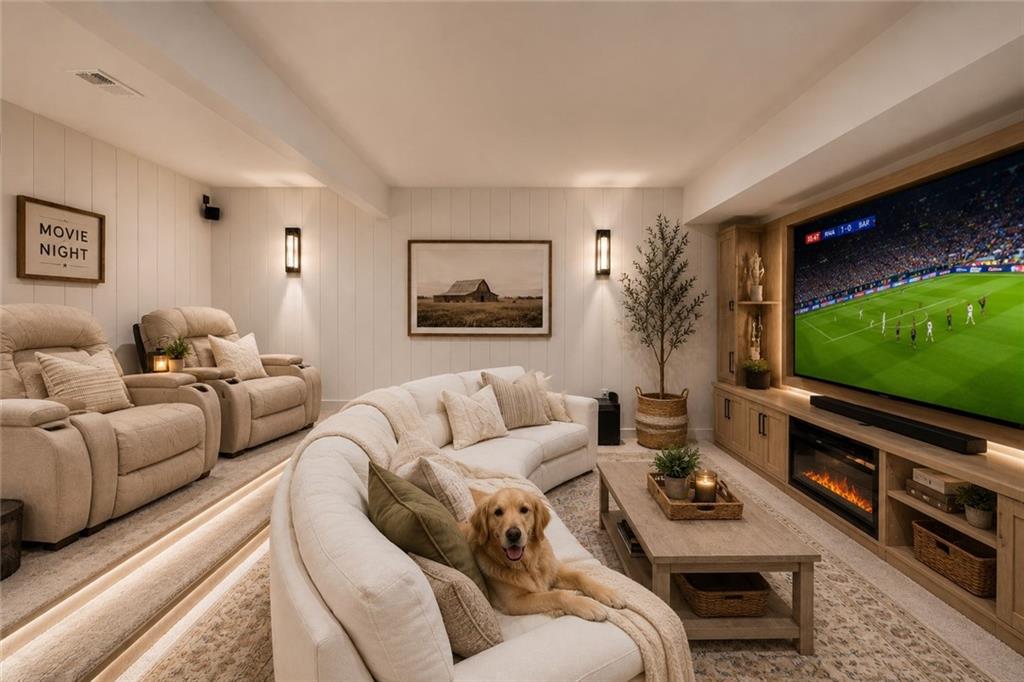 Lower-level media room with tiered cream recliners on a step-lit platform, a plush sectional, a large wall TV over a linear fireplace, and a framed MOVIE NIGHT sign